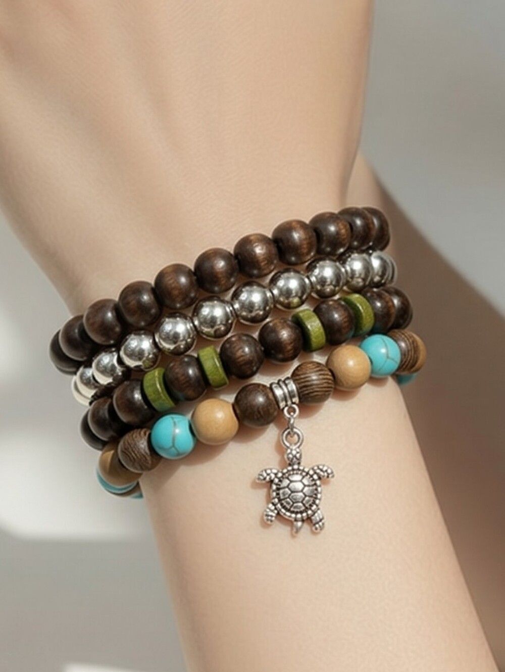 Boho Beaded Stacked Bracelets Set 4 Turtle Charm Wooden Turquoise Silver NWT